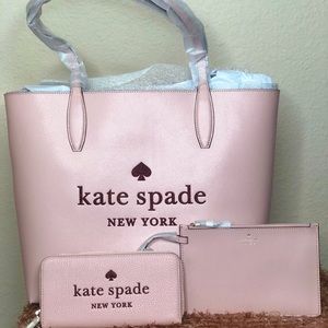 New Kate Spade Glitter on Tote and Large Continental Wallet Set, Rose Smoke
